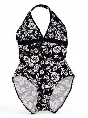 Black & White Floral Halter One-Piece Swimsuit